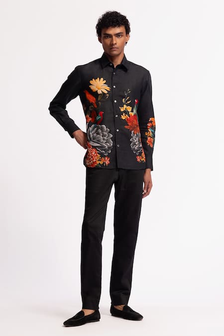 Rohit Bal_Black Poplin Embroidery Designer Shirt _Online_at_Aza_Fashions