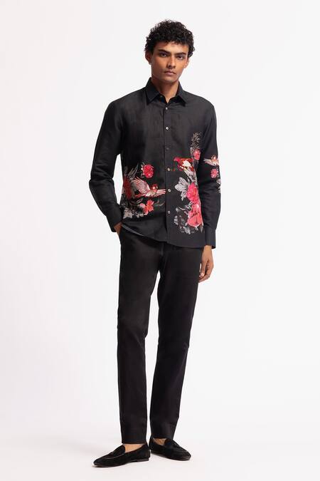 Rohit Bal_Black Poplin Embroidery Designer Shirt _Online_at_Aza_Fashions