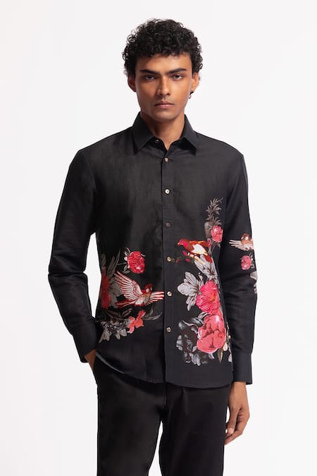 Rohit Bal Black Poplin Embroidery Designer Shirt 