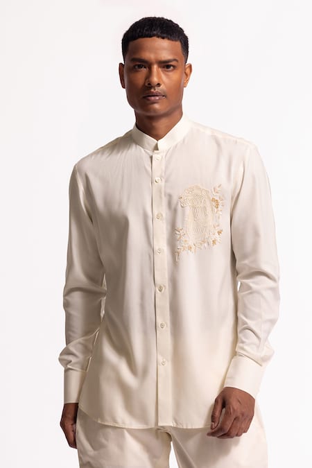 Rohit Bal Ivory Poplin Embroidery Designer Shirt 