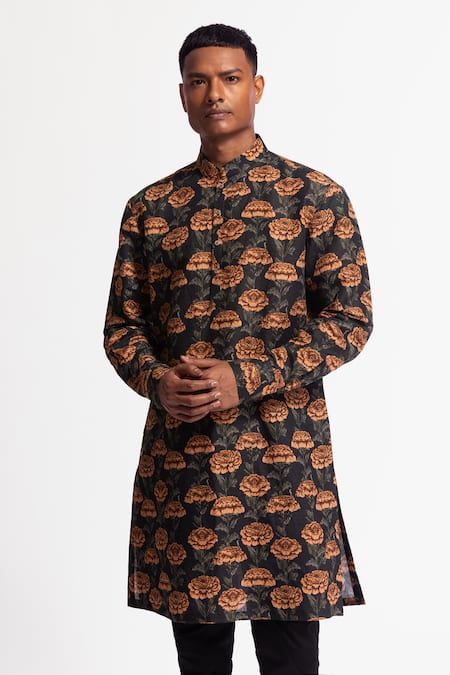 Rohit Bal_Black Chanderi Designer Kurta Pant Set _Online_at_Aza_Fashions