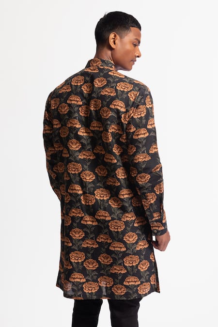 Rohit Bal Black Chanderi Designer Kurta Pant Set 