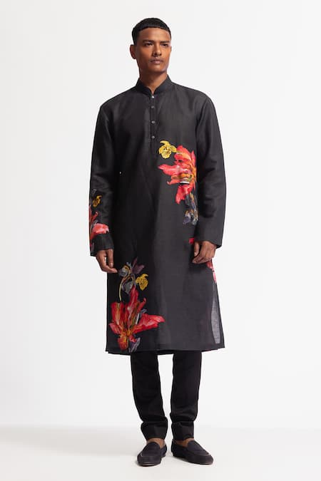 Rohit Bal Black Linen Printed Designer Kurta 