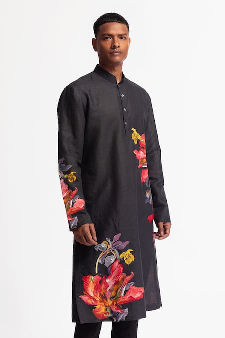 Rohit Bal_Black Linen Printed Designer Kurta _Online_at_Aza_Fashions