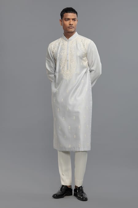Rohit Bal_Blue Chanderi Embroidery Powder Kurta Set _Online_at_Aza_Fashions