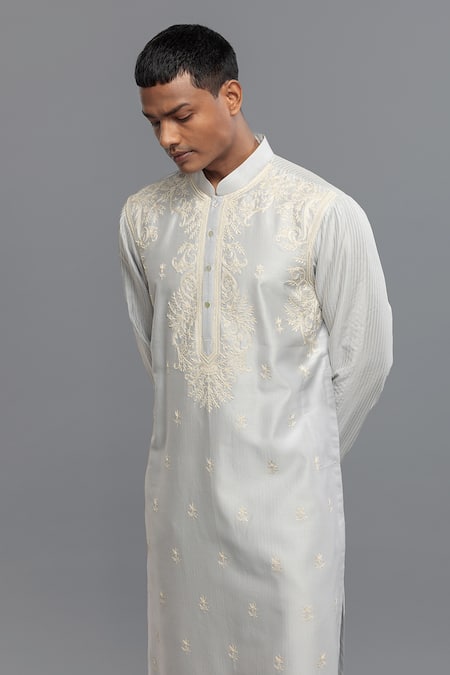 Buy_Rohit Bal_Blue Chanderi Embroidery Powder Kurta Set _Online_at_Aza_Fashions