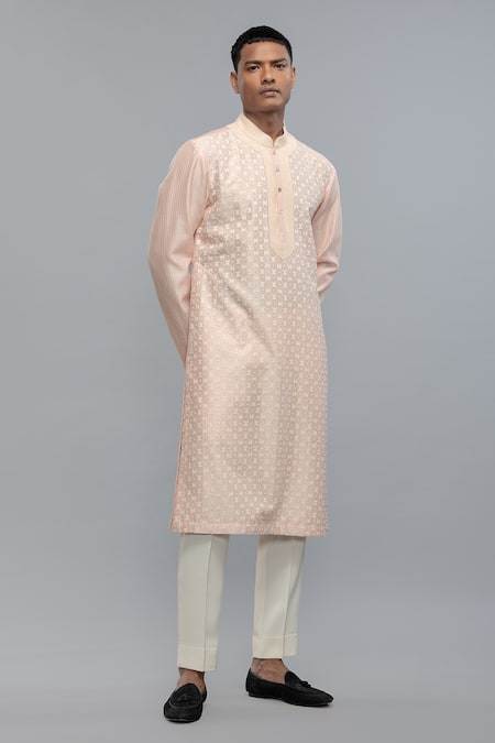Rohit Bal_Pink Chanderi Powder Kurta And Pant Set _at_Aza_Fashions