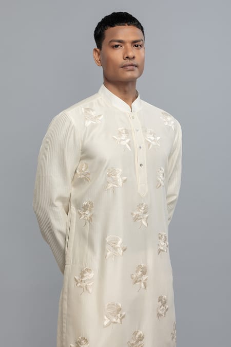 Rohit Bal_Ivory Chanderi Embroidery Kurta Set _Online_at_Aza_Fashions