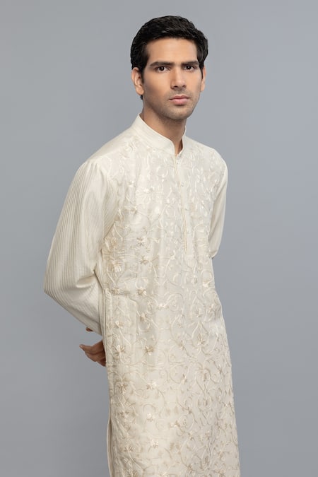 Rohit Bal_Ivory Chanderi Embroidery Kurta Set _Online_at_Aza_Fashions