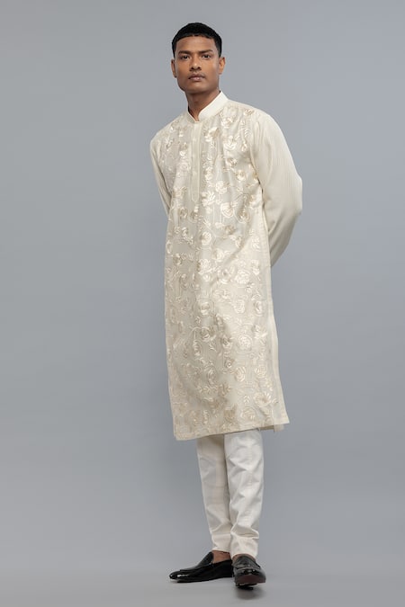 Rohit Bal_Ivory Chanderi Embroidery Kurta Set _Online_at_Aza_Fashions