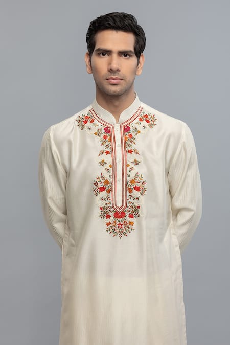 Rohit Bal_Ivory Chanderi Embroidery Kurta Set _Online_at_Aza_Fashions