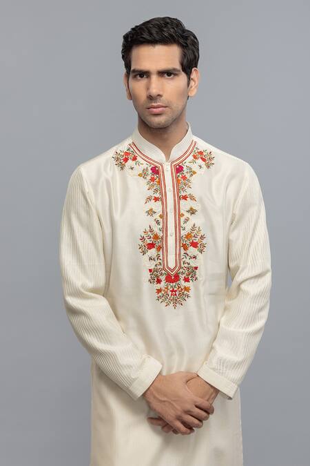 Buy_Rohit Bal_Ivory Chanderi Embroidery Kurta Set _Online_at_Aza_Fashions