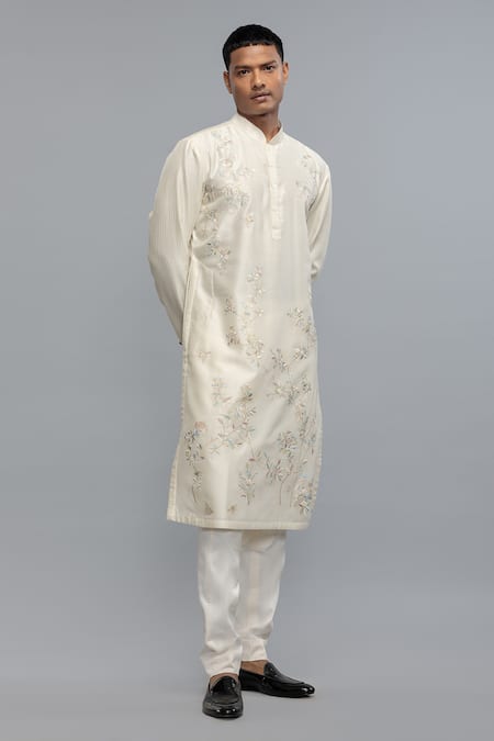 Rohit Bal_Ivory Chanderi Embroidery Kurta Pant Set _Online_at_Aza_Fashions