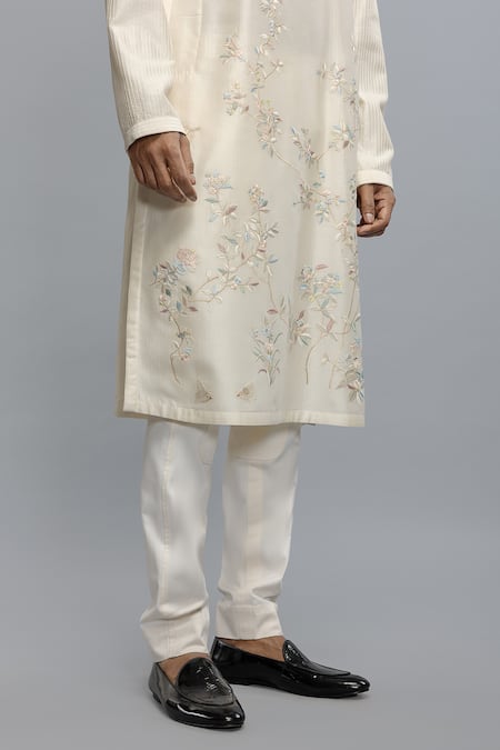 Shop_Rohit Bal_Ivory Chanderi Embroidery Kurta Pant Set _Online_at_Aza_Fashions
