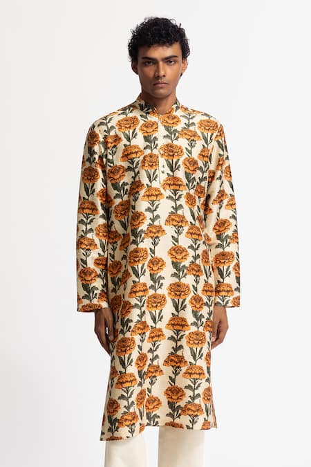 Rohit Bal_Ivory Silk Printed Dupion Kurta And Pant Set _Online_at_Aza_Fashions