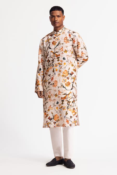 Rohit Bal Ivory Silk Floral Printed Dupion Kurta Set 