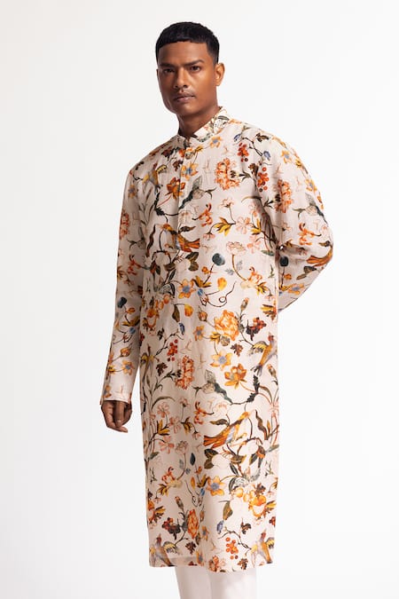 Rohit Bal_Ivory Silk Floral Printed Dupion Kurta Set _Online_at_Aza_Fashions