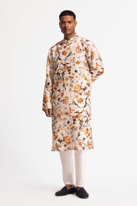 Buy_Rohit Bal_Ivory Silk Floral Printed Dupion Kurta Set _Online_at_Aza_Fashions