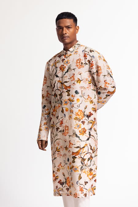 Shop_Rohit Bal_Ivory Silk Floral Printed Dupion Kurta Set _Online_at_Aza_Fashions