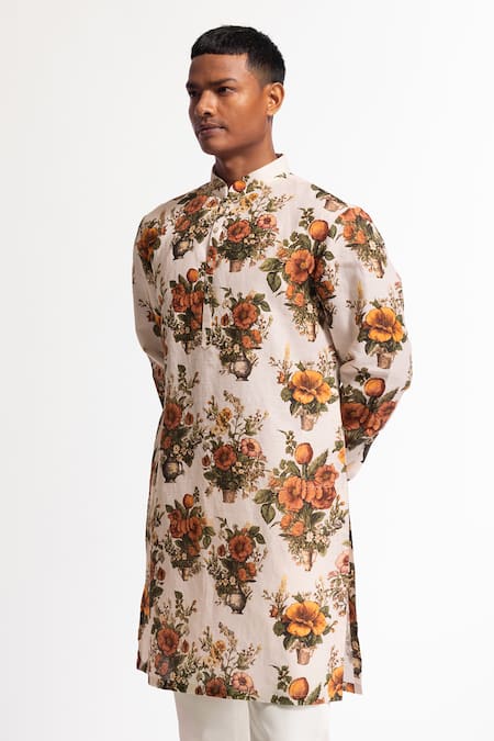 Rohit Bal_Ivory Silk Floral Printed Dupion Kurta Set _Online_at_Aza_Fashions