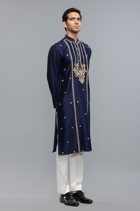 Rohit Bal_Blue Chanderi Embroidery Indigo Kurta Set _Online_at_Aza_Fashions