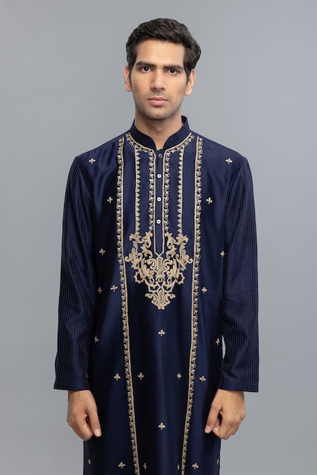 Buy_Rohit Bal_Blue Chanderi Embroidery Indigo Kurta Set _Online_at_Aza_Fashions