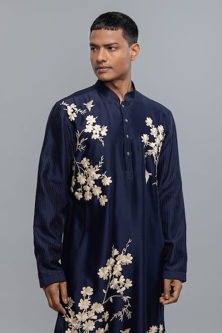 Buy_Rohit Bal_Blue Chanderi Embroidery Indigo Kurta Set _Online_at_Aza_Fashions