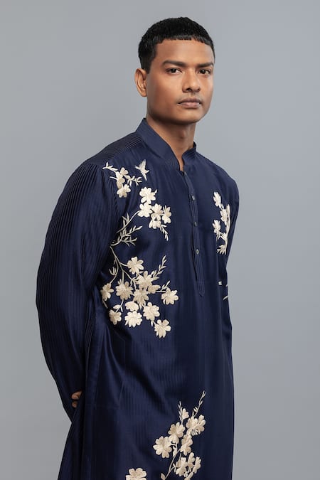 Shop_Rohit Bal_Blue Chanderi Embroidery Indigo Kurta Set _Online_at_Aza_Fashions