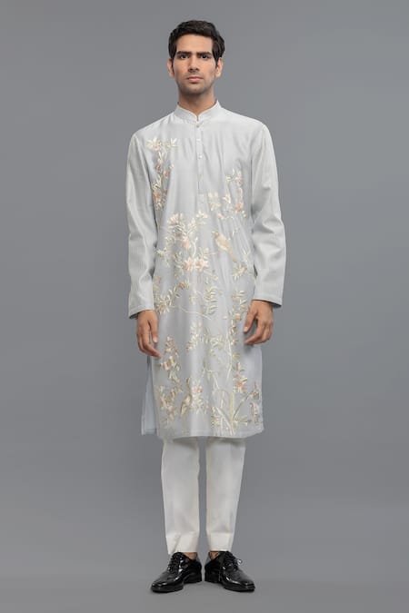 Rohit Bal Blue Chanderi Embroidery Powder Kurta Pant Set 