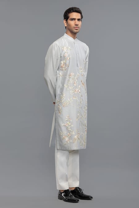 Rohit Bal_Blue Chanderi Embroidery Powder Kurta Pant Set _Online_at_Aza_Fashions