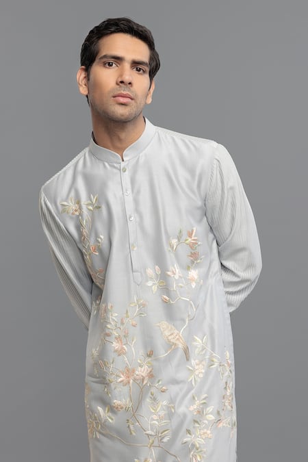 Shop_Rohit Bal_Blue Chanderi Embroidery Powder Kurta Pant Set _Online_at_Aza_Fashions