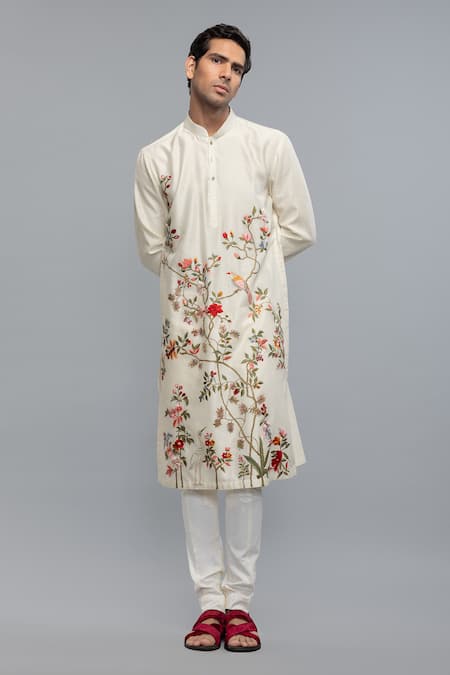 Rohit Bal_Ivory Chanderi Embroidery Kurta Set _Online_at_Aza_Fashions