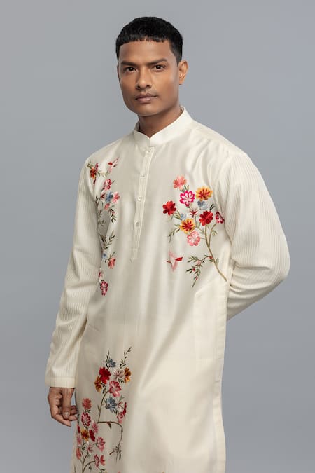 Rohit Bal_Ivory Chanderi Embroidery Kurta Set _Online_at_Aza_Fashions