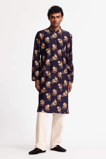 Rohit Bal Blue Chanderi Indigo Floral Kurta Set 