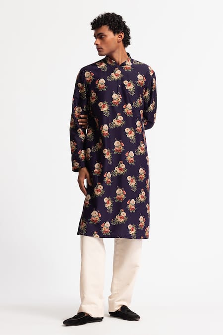 Rohit Bal Indigo Blue Floral Chanderi Kurta Set 