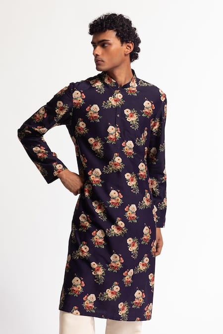 Rohit Bal Blue Chanderi Indigo Floral Kurta Set Online at Aza Fashions Rohit Bal_Blue Chanderi Indigo Floral Kurta Set _Online_at_Aza_Fashions