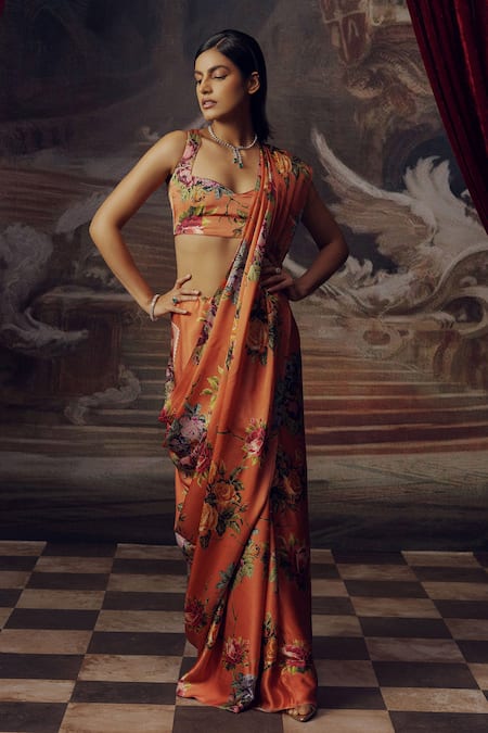 Studio 113 Orange Satin, Silk Floral Saree Online at Aza Fashions Studio 113_Orange Satin, Silk Floral Saree _Online_at_Aza_Fashions