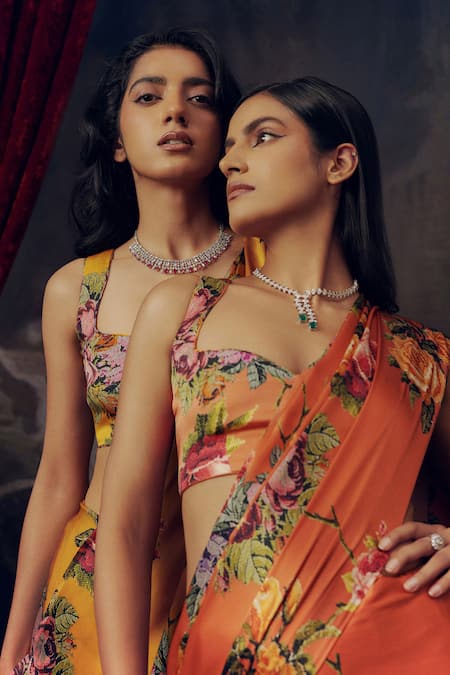 Shop Studio 113 Orange Satin, Silk Floral Saree Online at Aza Fashions Shop_Studio 113_Orange Satin, Silk Floral Saree _Online_at_Aza_Fashions