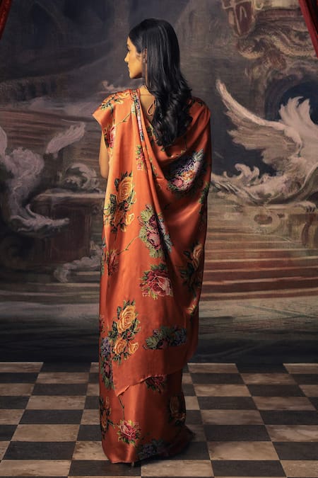 Shop Studio 113 Orange Satin, Silk Floral Saree at Aza Fashions Shop_Studio 113_Orange Satin, Silk Floral Saree _at_Aza_Fashions