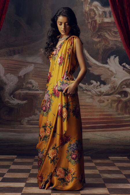 Studio 113 Yellow Satin, Silk Floral Print Saree Online at Aza Fashions Studio 113_Yellow Satin, Silk Floral Print Saree _Online_at_Aza_Fashions