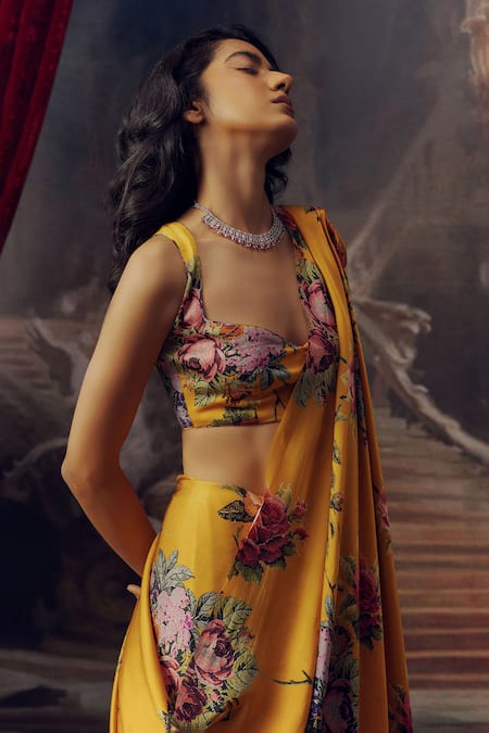 Buy Studio 113 Yellow Satin, Silk Floral Print Saree Online at Aza Fashions Buy_Studio 113_Yellow Satin, Silk Floral Print Saree _Online_at_Aza_Fashions