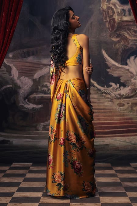 Shop Studio 113 Yellow Satin, Silk Floral Print Saree at Aza Fashions Shop_Studio 113_Yellow Satin, Silk Floral Print Saree _at_Aza_Fashions