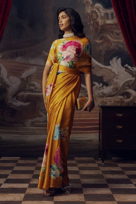 Studio 113 Yellow Satin, Silk Floral Print Saree Online at Aza Fashions Studio 113_Yellow Satin, Silk Floral Print Saree _Online_at_Aza_Fashions