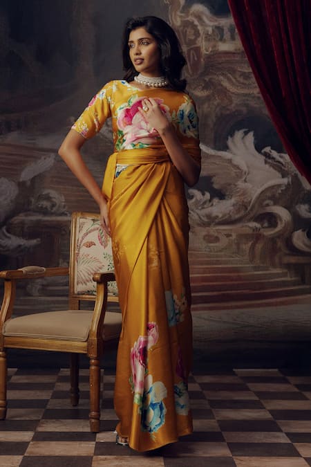 Studio 113 Yellow Satin, Silk Floral Print Saree 