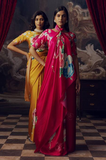 Buy Studio 113 Yellow Satin, Silk Floral Print Saree Online at Aza Fashions Buy_Studio 113_Yellow Satin, Silk Floral Print Saree _Online_at_Aza_Fashions