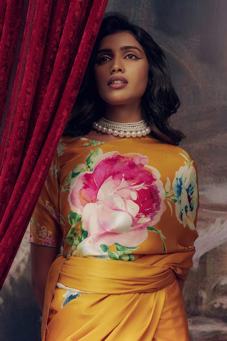 Shop Studio 113 Yellow Satin, Silk Floral Print Saree Online at Aza Fashions Shop_Studio 113_Yellow Satin, Silk Floral Print Saree _Online_at_Aza_Fashions