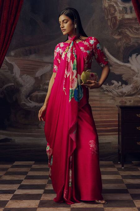 Studio 113_Magenta Satin, Silk Floral Print Saree _Online_at_Aza_Fashions