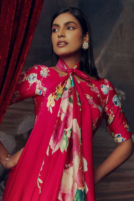 Buy_Studio 113_Magenta Satin, Silk Floral Print Saree _Online_at_Aza_Fashions