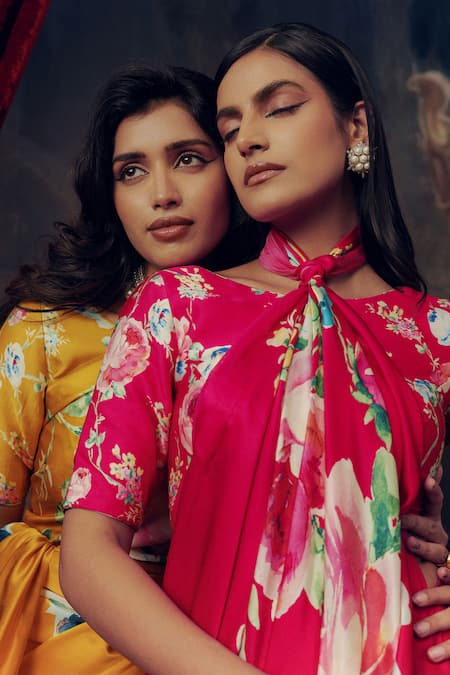 Shop_Studio 113_Magenta Satin, Silk Floral Print Saree _Online_at_Aza_Fashions