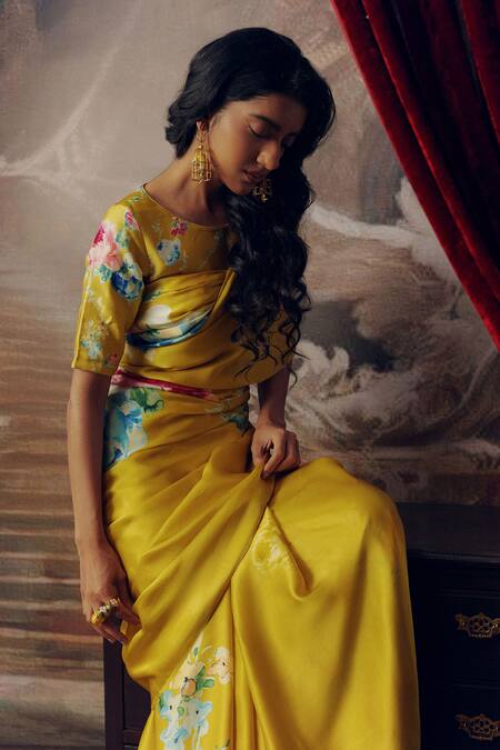 Studio 113 Yellow Satin, Silk Floral Print Saree Online at Aza Fashions Studio 113_Yellow Satin, Silk Floral Print Saree _Online_at_Aza_Fashions
